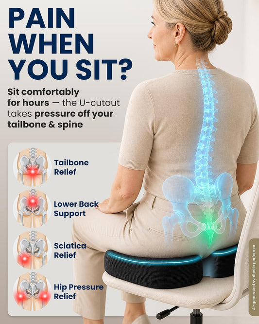 5 STARS UNITED Seat Cushion - Memory Foam Chair Cushion for Tailbone Pain Relief - Ergonomic Support for Coccyx, Sciatica & Butt - Office, Desk & Gaming Chair, Car Seat, Wheelchair, Airplane, Black