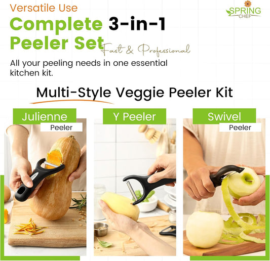 Spring Chef 3pcs Vegetable Peelers for Kitchen, Swivel, Y & Julienne Peeler | Premium Stainless Steel Potato Peelers with Soft Grip Handles, Ultra Sharp Blades for Fruits, Veggies, Apples, Carrots