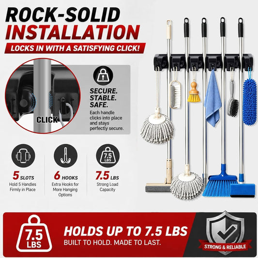 HYRIXDIRECT Broom Hanger Wall Mount Broom and Mop Organizer Wall Hanging Garden Tool Organizers Rack Garage Laundry Room Organizations and Storage with Hooks Heavy Duty