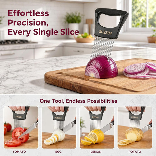 304 Stainless Steel Onion Holder & Slicer - Multi-Fruit Vegetable Fixing Tool with Sharp Prongs for Tomato, Lemon, Avocado - Safe Kitchen Gadget