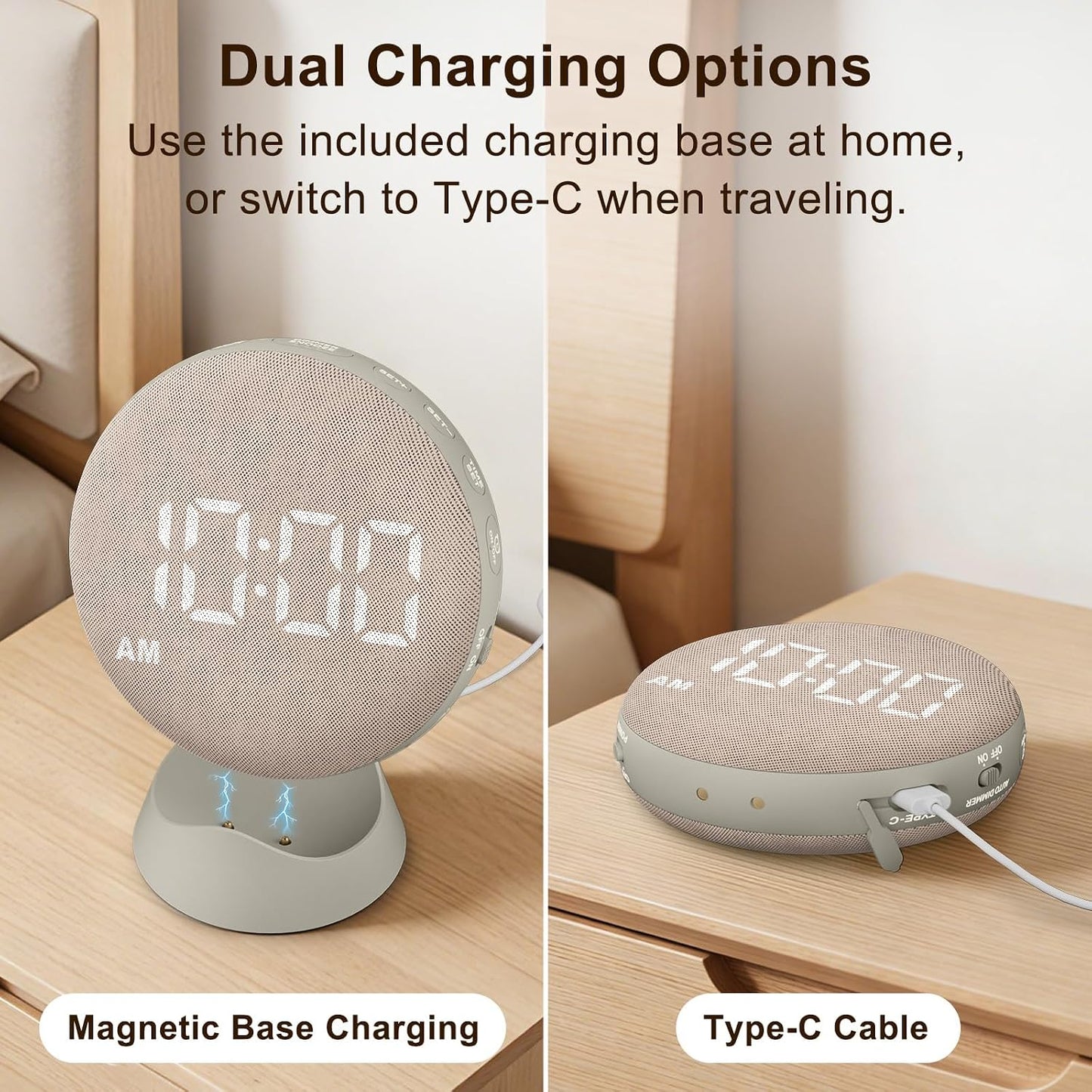 SolaceRise Extra Loud Alarm Clock Vibrating Bed Shaker for Heavy Sleepers | Auto-Dim Digital Clock for Hearing Impaired Deaf - Portable Rechargeable Battery for Bedroom Travel Dorm - Putty