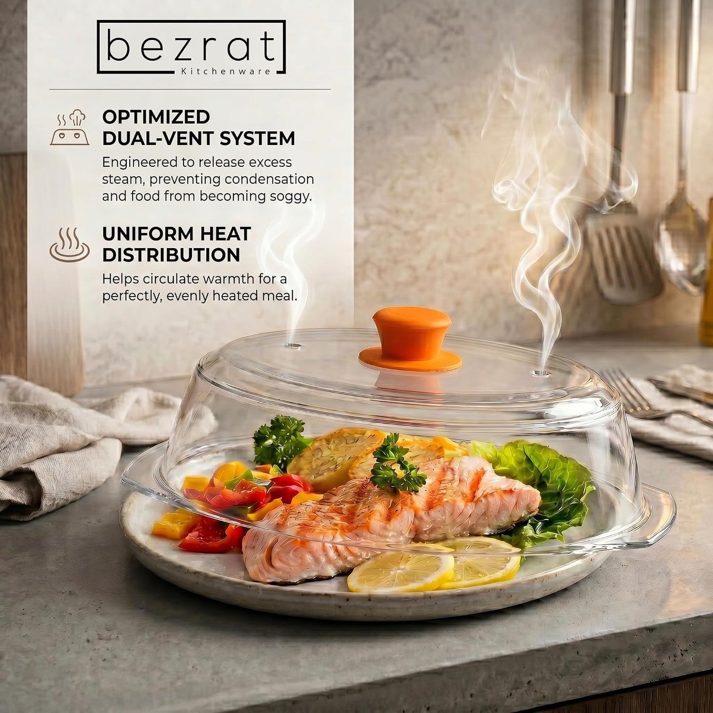 Bezrat Microwave Tall Glass Plate Cover | Splatter Guard Lid with Easy Grip Silicone Handle Knob | 100% Food Grade | BPA Free and Dishwasher Safe | 10 Inch (Black-)