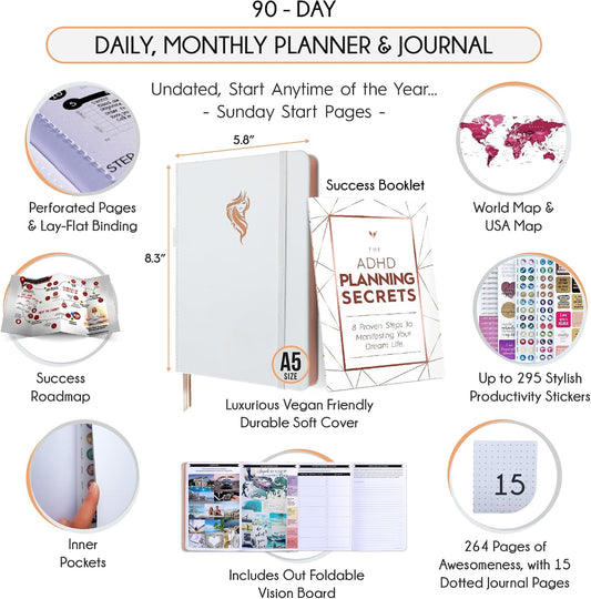 Freedom Mastery Daily Journal of Gratitude, Productivity & Habit Tracker | Undated 90-Day Planner with Daily Reflection, Mindfulness, Positivity, Vision Board & Stickers, Gratitude Journal for Women