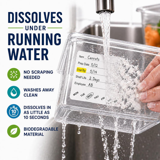 Water Dissolvable Food Labels, 2 x 3, 500/Roll, Food Rotation | Writable Rotation Stickers for Prep Date, Use By, Shelf Life, Restaurants, Kitchens, Fridge and Freezer Storage. Made in USA