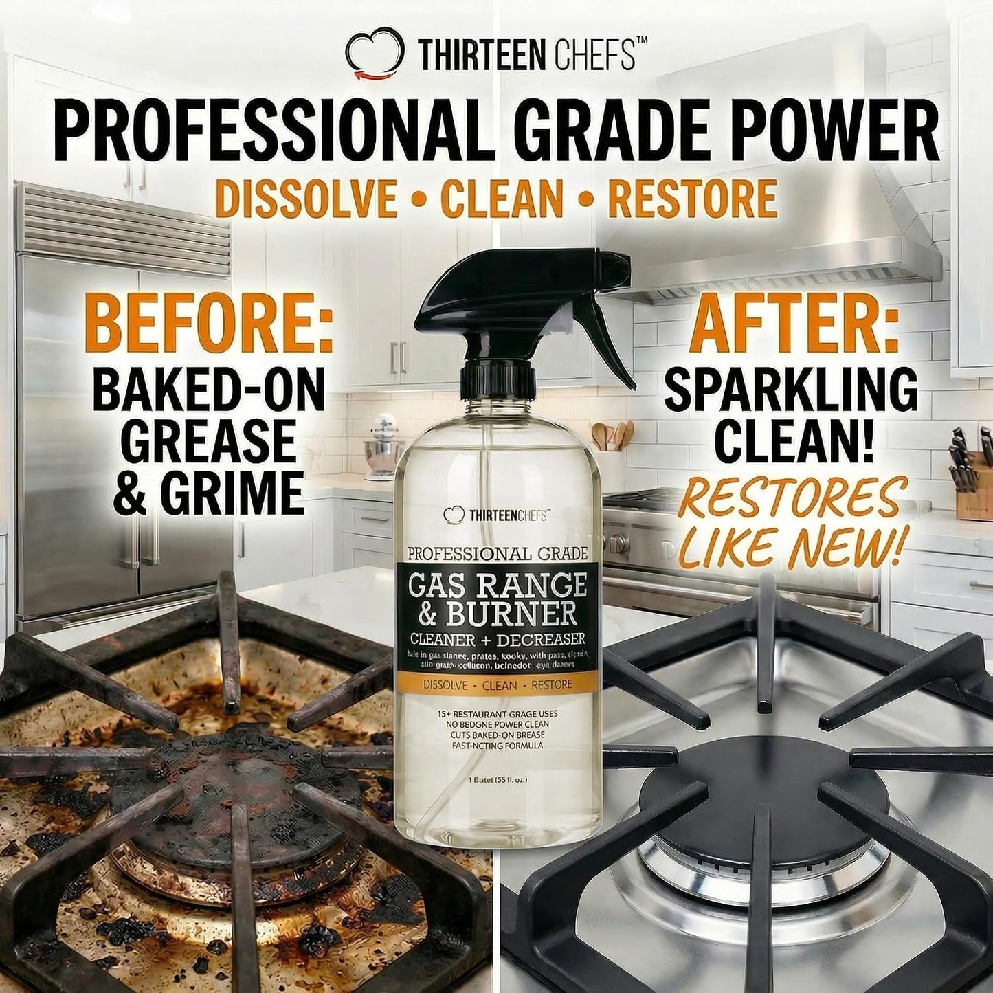 Thirteen Chefs Gas Stove Cleaner for Range, Burner, Oven and Surfaces, 32oz | Cuts Through Carbon and Baked on Food, Fume Free with no VOCs, Cleans Ceramic Glass Steel Iron Grills and BBQs