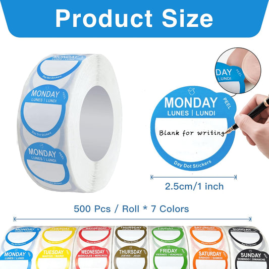 7000 Pcs 1 Inch Removable Day Dots Food Labels | 7 Rolls Date Stickers for Food, No-Residue Left, Day Labels for Restaurant Kitchen Containers, Self Adhesive Day Dot Sticker