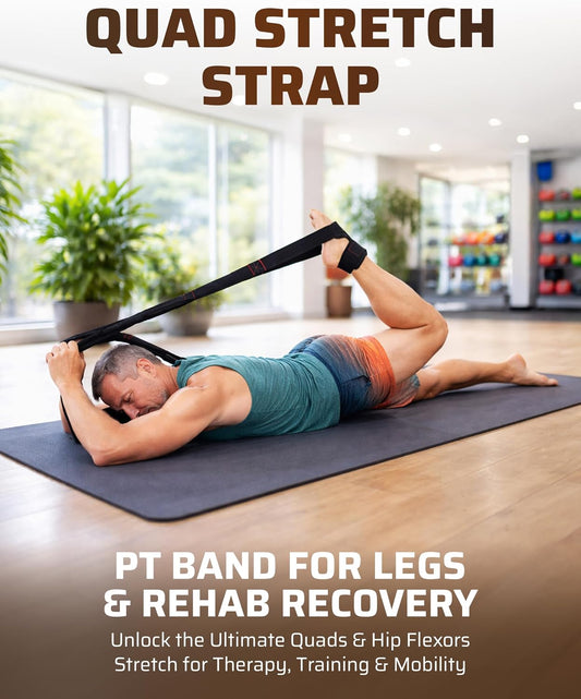 THEFITGUY Quad Stretcher Strap with Ankle Support for Physical Therapy | 4-loop non-elastic strap for quad and hip flexor stretching, for mobility, yoga, rehab and post-workout recovery