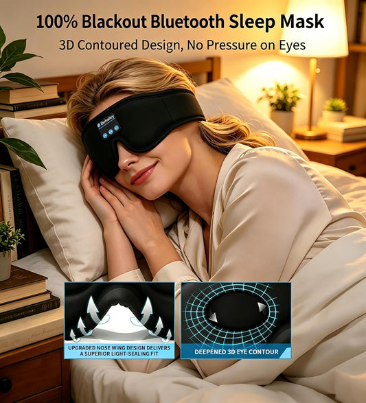Sleep Mask with Bluetooth Headphones, 100% Light Blocking Sleep Headphones for Side Sleepers Men Women, Eye Mask with Thin Stereo Speakers, Soft Eye Cover for Travel Gift (Plus Size)