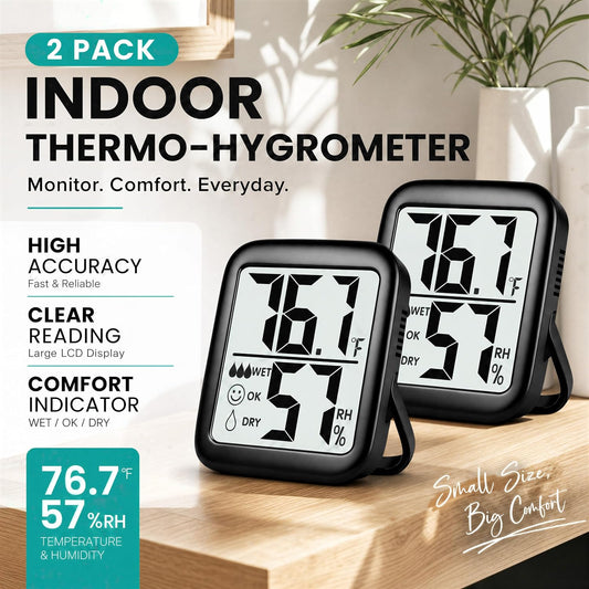 2 Pack Room Thermometer Indoor Hygrometer | Monitor Temperature & Humidity, Accurate, Fast Read, Easy To View, Magnetic/Kickstand/Hanging, ℉/℃, w/ Battery, Compact