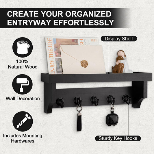Key and Mail Holder Wall Mount, Mail Organizer with 5 Key Hooks | Key Holder with Shelf, Key Holder for Coat, Dog Leash, Home Decor Rack, Entry Way Organizer