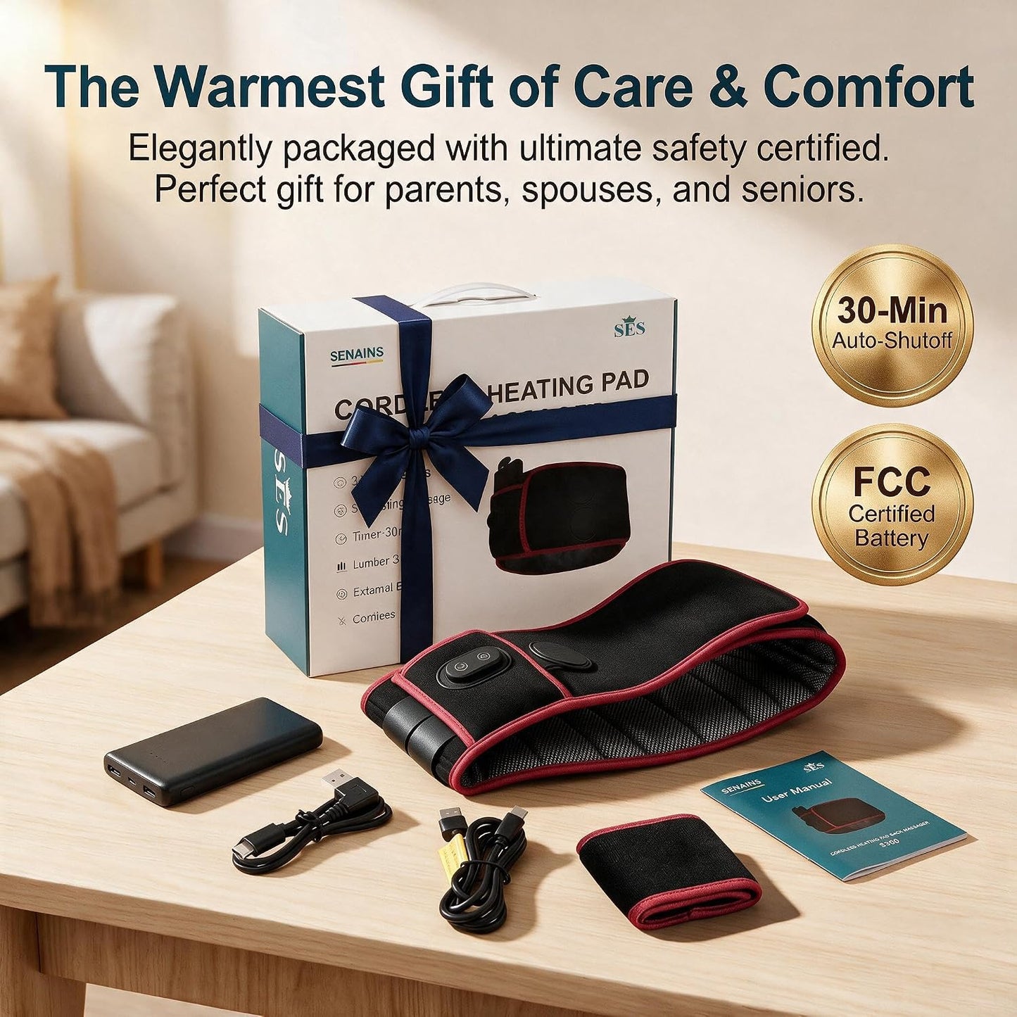 SENAINS 10000mAh Cordless Heating Pad for Back Pain Relief, 52" Lower Back Massager with 3 Heat 5 Vibration, Portable Wearable Heat Belt for Cramps, Gifts for Women Men Mom Dad