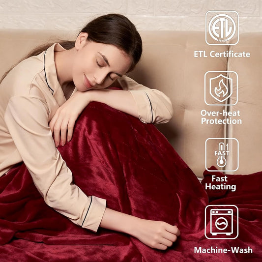 Tefici Electric Heated Blanket, Super Cozy 2-Layer Flannel Heated Throw