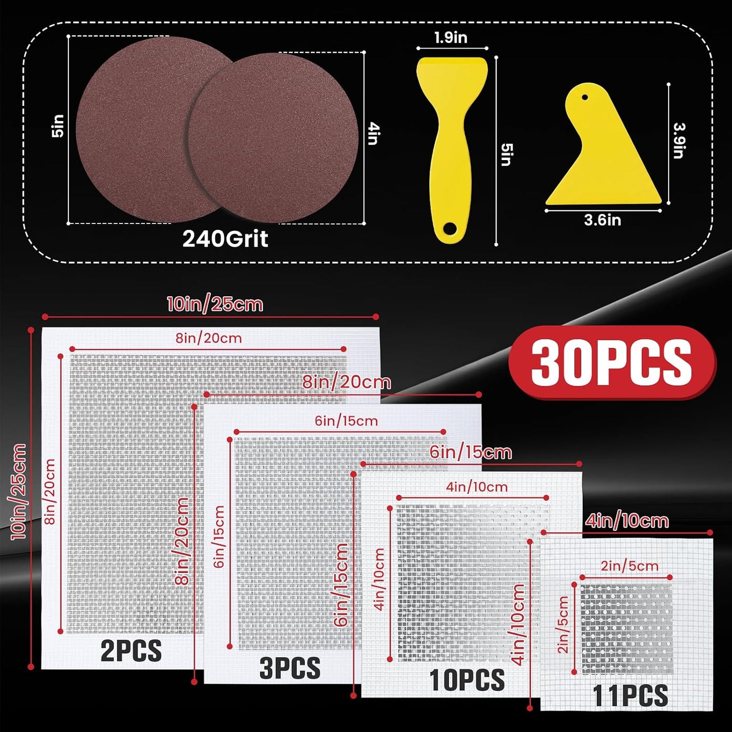 Drywall Repair Kit 30 Pack, 2/4/6/8 inch Drywall Repairs Patch, Dry Wall Patch with Scraper and Sandpaper for Drywall Repair Patch Kit