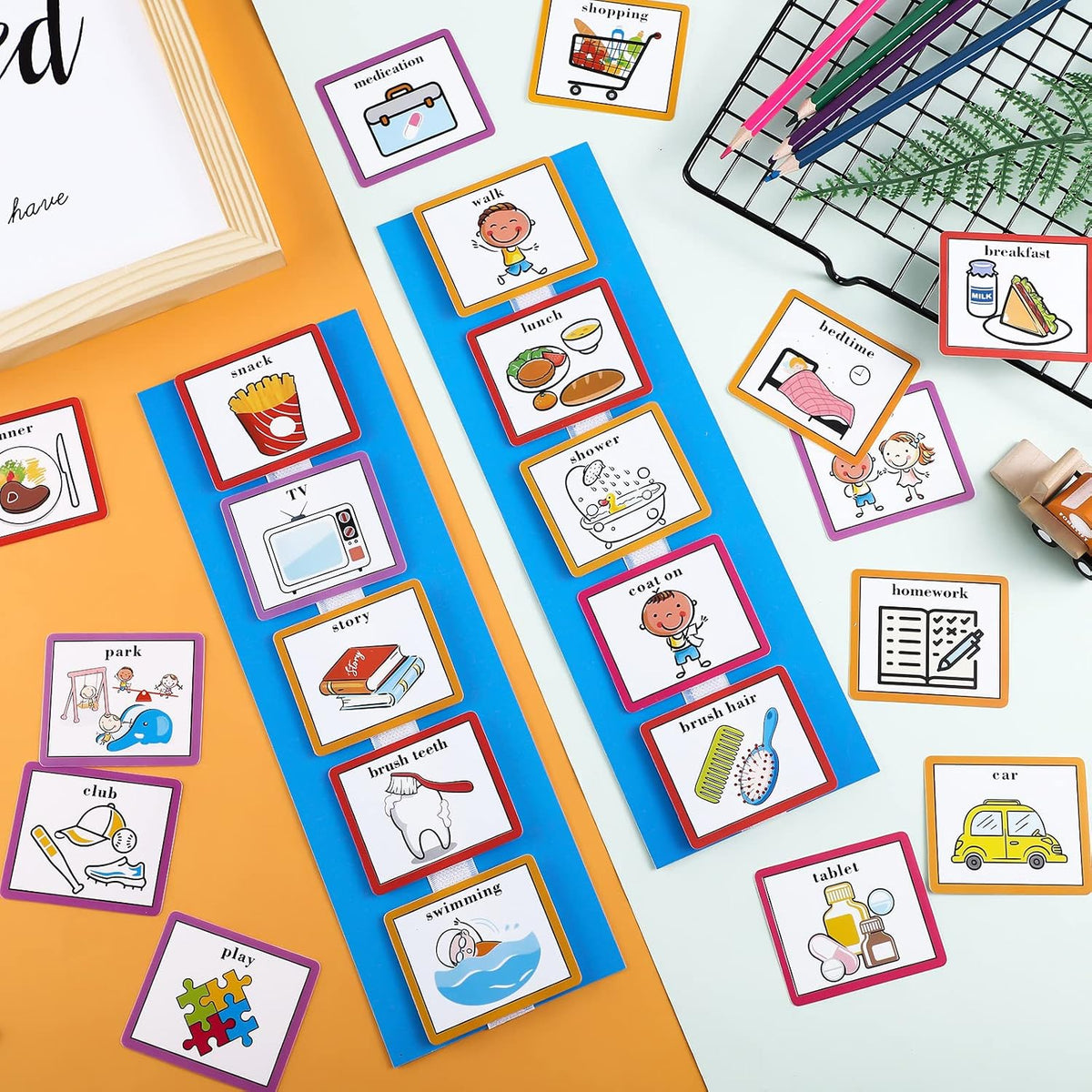 35 Pieces Visual Schedule Cards Routine Cards Home Chore Chart Routine Autism Learning Materials with 35 Pieces Hook and Loop Dots(Cute Style,Blue)