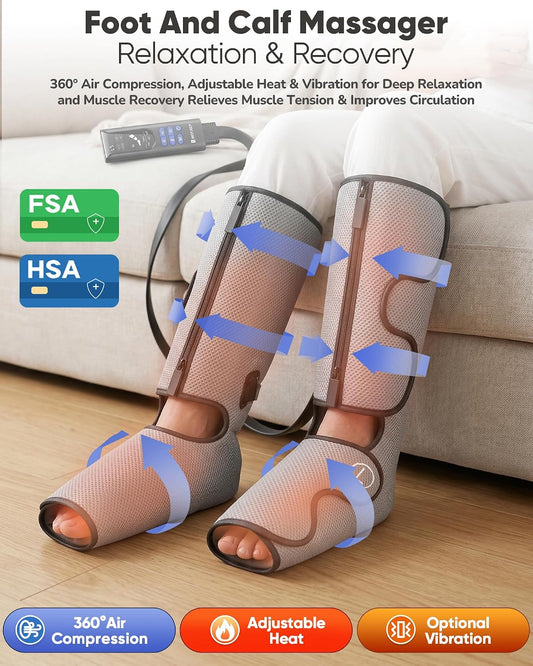 Air Compression Leg Massager with Heat : Foot and Calf Massager for Circulation and Pain Relief - 9 Intensity, 4 Modes, 3 Heating, Vibration, for Sitting/Standing Jobs & Home Use