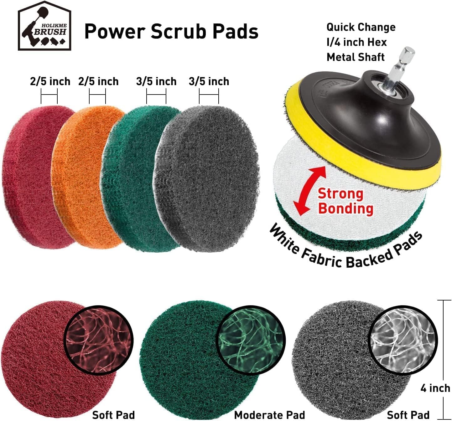 Holikme 40 Piece Drill Brush Attachment Set and Scrub Pad Set for Clean | 11 nylon brushes, 20 scouring pads, 5 sponges, 2 wool pads, 4-inch backer and extension, for car, grout, tiles