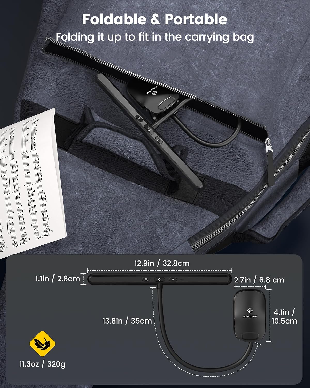 Glocusent Rechargeable Music Stand Light, 11.2” Wide Piano Light | 57 LED Clip On Light, 3 Colors & 5 Brightness Piano Lamp,140Hrs Runtime, For Musician/Piano Player/Sheet Music/orchestra