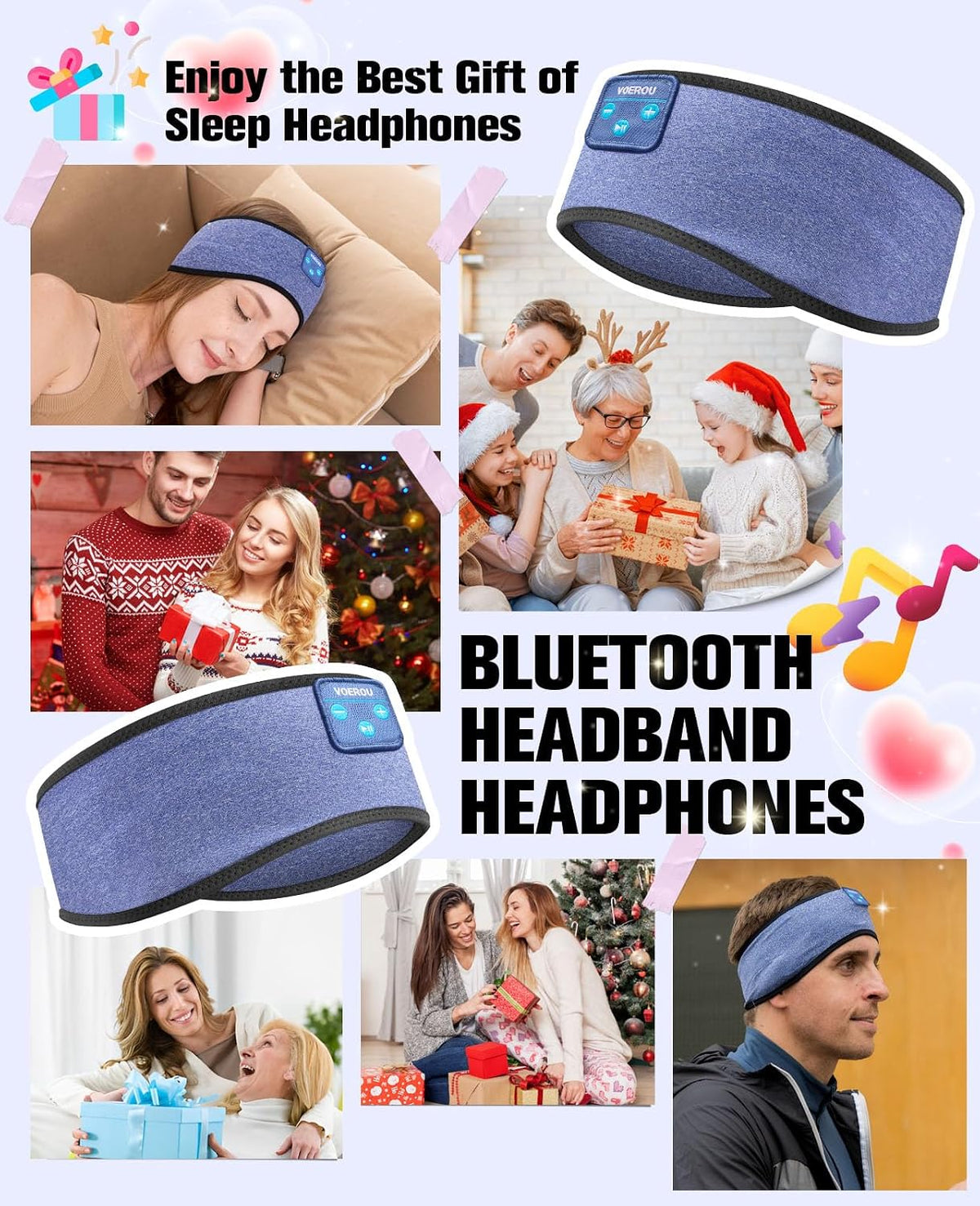Voerou Sleep Headphones, Bluetooth 5.4 Headband for Men Women, Ultra Soft Sleeping Headphones Wireless Music Headband Headphones for Yoga Sports Side Sleep Christmas Birthday Cool Tech Gadgets Gifts