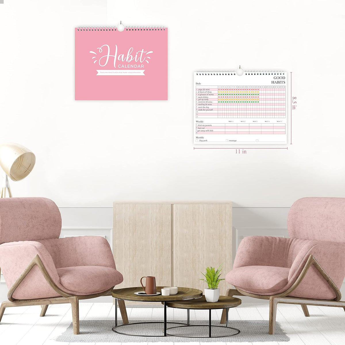 Habit Tracker Journal - Undated Weekly & Monthly Planner with Spiral Binding12Months, 8.5"x11' Pink