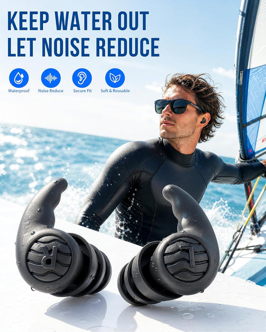 Swimming Ear Plugs, Swim Earplugs 3 Pairs for Swimmer Surfing Water Sports | Waterproof Protection, Soft Silicone Comfort, Wave-Shaped Fin, Noise-Reducing Design for Teens & Adults