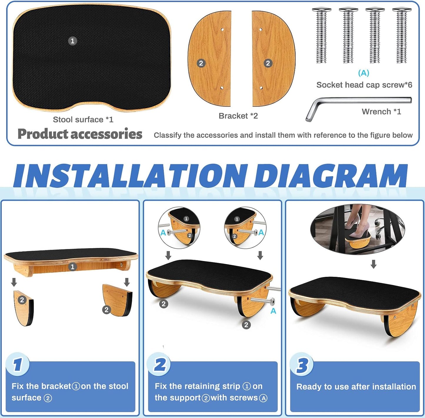 Ergonomic Wood Foot Rest for Enhanced Circulation Under Desk Wood Footrest Stool Rocker Balance Board for Supporting Relieving Leg Pressure, Home and Office Use, 15.8 x 11 x 4.3 Inches
