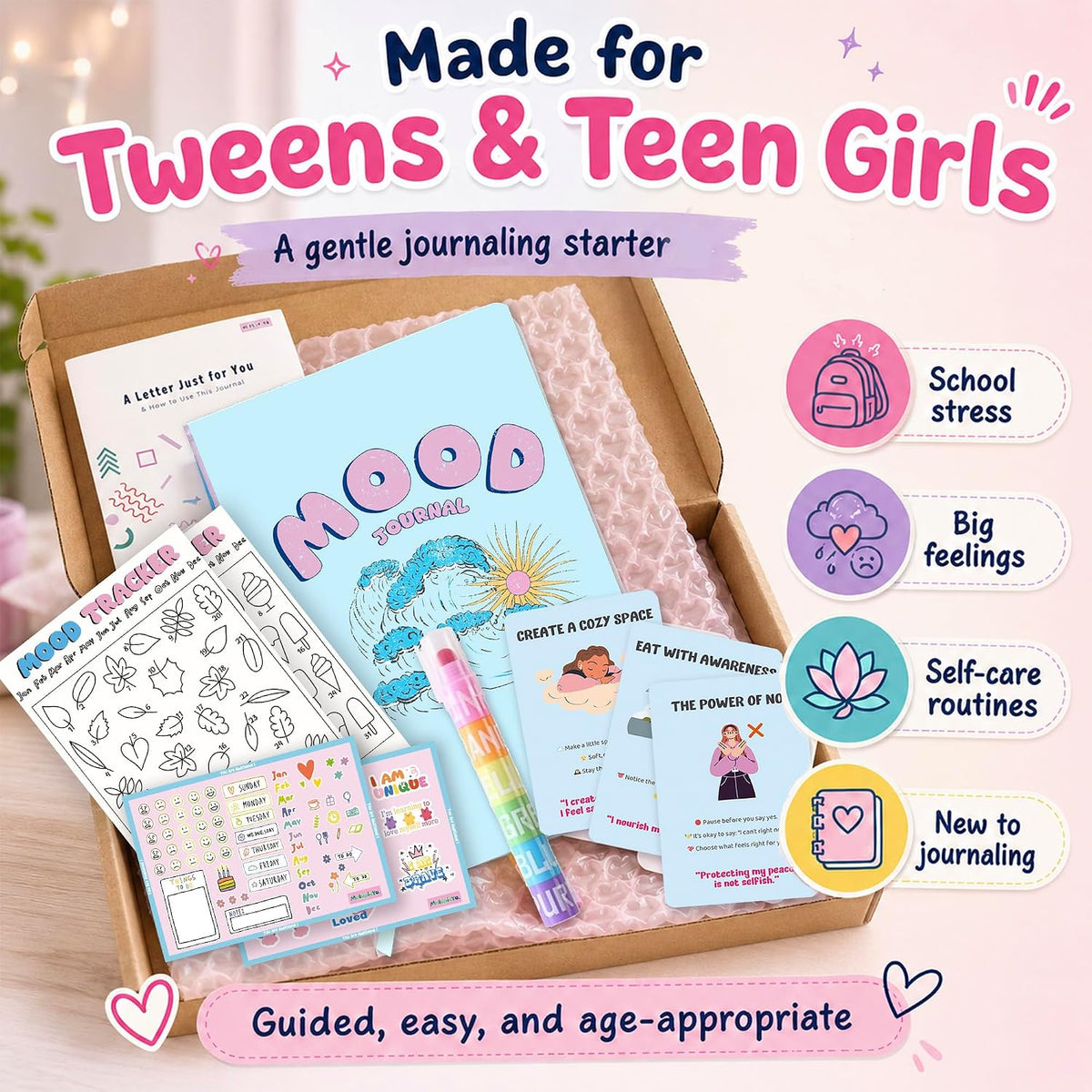 Mood Tracker Journal Set for Teen Girls & Tweens, Self Care Gift(Pink)