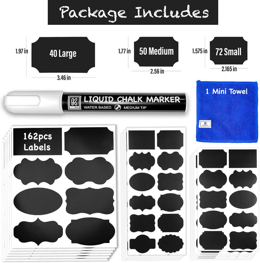 Chalkboard Labels for Jars, 162pcs Waterproof Reusable Stickers with Marker | 12 Shapes & 3 Sizes Chalk Sticker Labels for Jars & Containers, Easy-Wipe Labels Include Erasable Liquid Chalk Marker & Cloth