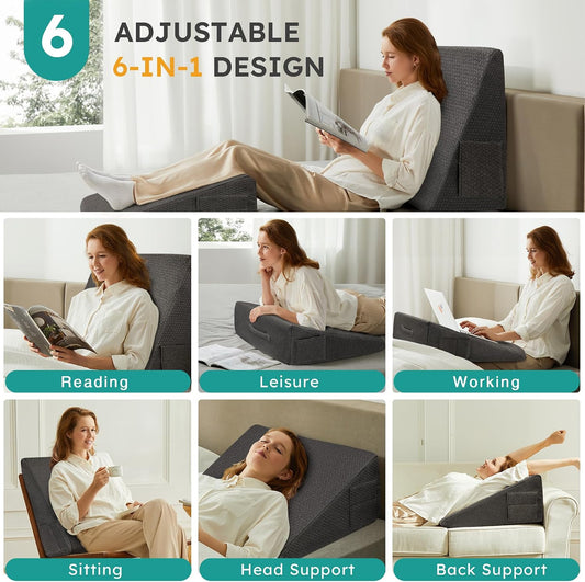 Wedge Pillow, 10 inch Bed Wedge Pillow for Headboard, Pillow Wedge for Acid Reflux Relief, Sleeping, Back Pain Relief, Snoring, Triangle Pillow Wedge, White/Grey