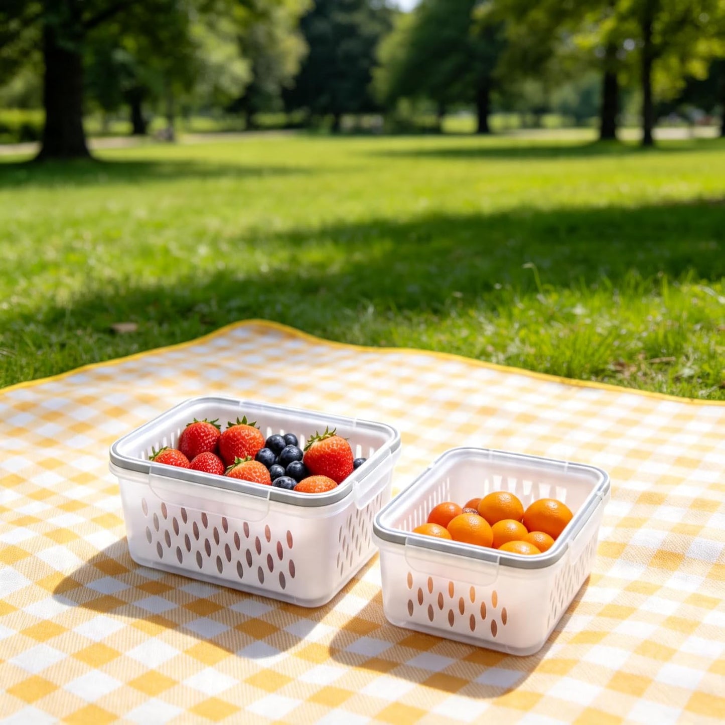 6 Packs Large Fruit Containers, Fridge Organizer Bins | Plastic Airtight Food Storage Containers with Removable Colander for Berries, Fruits, Vegetables, Salad