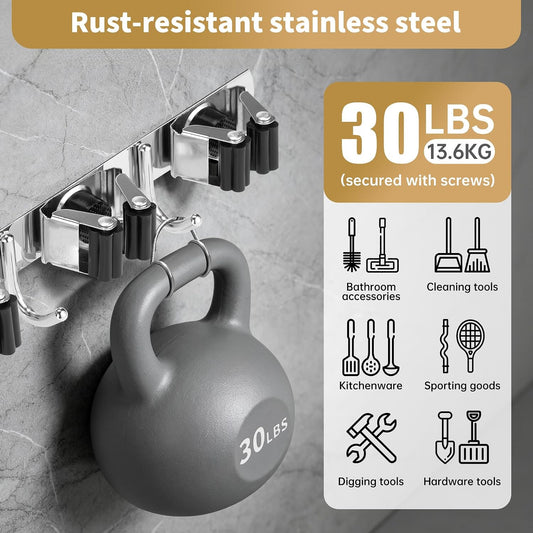 Broom Holder Wall Mount, Mop Organizer, 5 Racks, 4 Hooks, Heavy Duty | Rust-Resistant Stainless Steel, Non-Slip Grip, Adhesive or Screw Mount for Garage, Laundry Room and Garden Use, 1 Pack,Silver