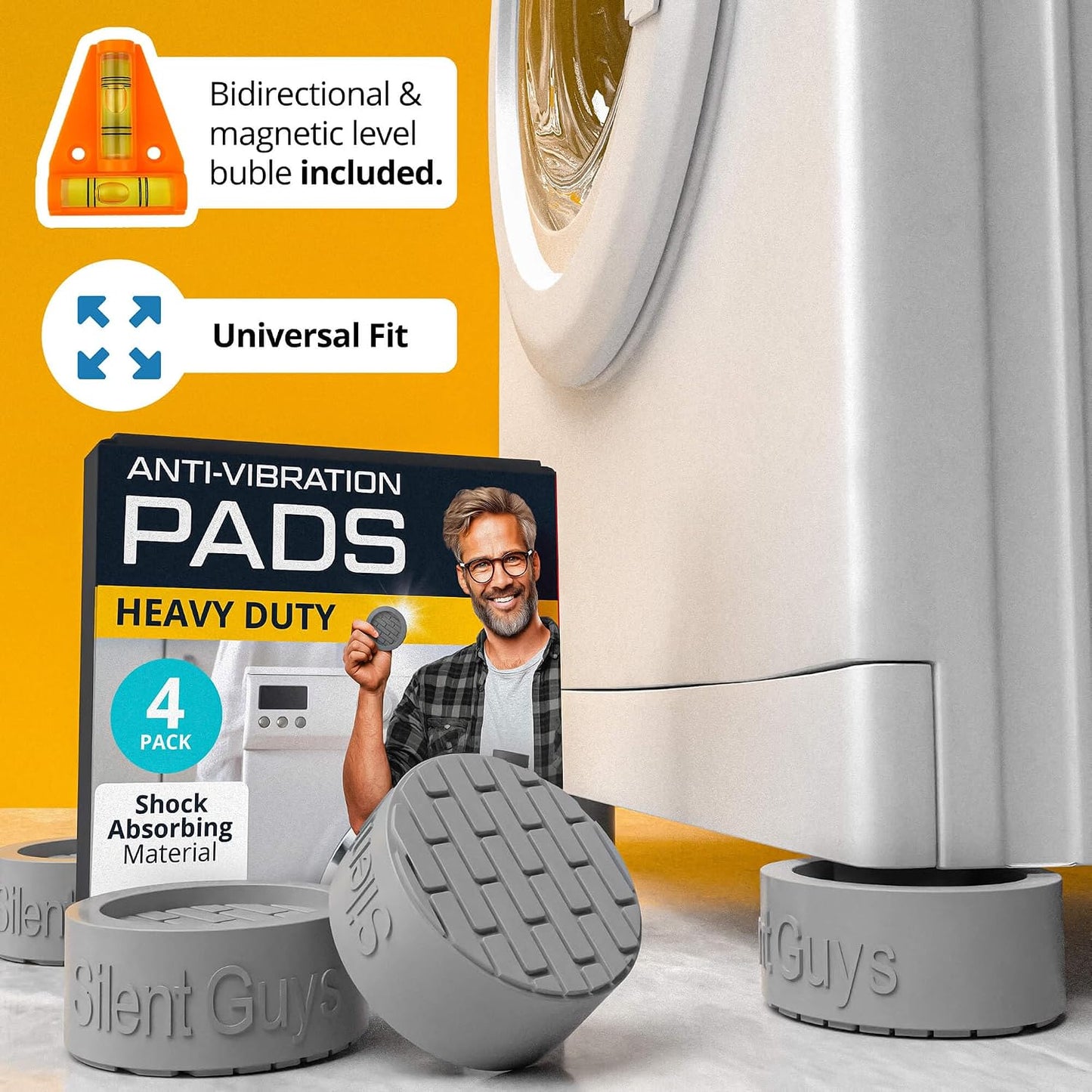 Heavy Duty Anti Vibration Pads for Washing Machine, Grey 4 Pack Washer Feet | Works as washer & dryer leveling pads or anti vibration mat. Universal fit up to 2.36in feet, reduces shaking & noise.