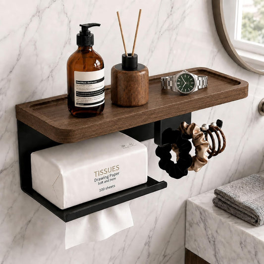 Toilet Paper Holder with Wide Walnut Shelf, Wall Mount Matte Black | 14.29 X 4.8 in Wide Solid Wood Shelf with Waterproof Finish,Rust-Resistant SUS304 Stainless Steel,Adhesive or Screw Mount