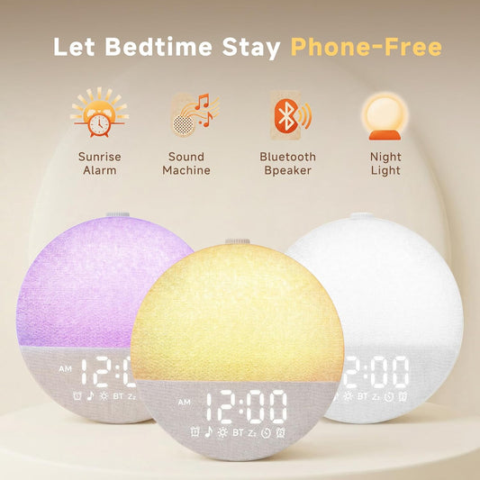 Geuuap Sunrise Alarm Clock, Natural Wake-Up Light White Noise Machine,Gray | 30 Soothing Sounds, 17 Dimmable lights, Dual Independent Alarms, Bluetooth Speaker, Auto-off Sleep timer, Screen-Free Design