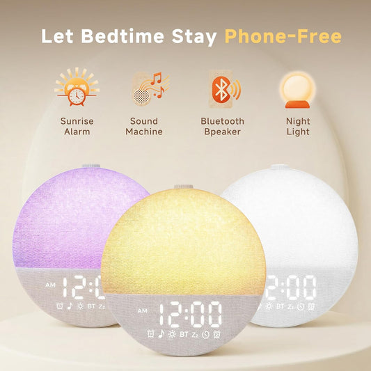 Geuuap Sunrise Alarm Clock, Natural Wake-Up Light White Noise Machine,Gray | 30 Soothing Sounds, 17 Dimmable lights, Dual Independent Alarms, Bluetooth Speaker, Auto-off Sleep timer, Screen-Free Design