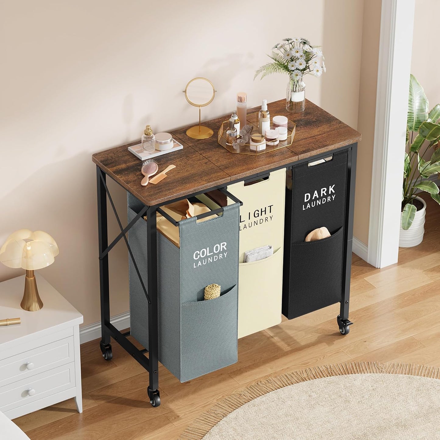 Gewudraw 3 Section Laundry Sorter with Ironing Board, Black | Laundry Sorter with Removable Bags, Heavy-Duty Rolling Laundry Cart, Lockable Wheels, For Bathroom, Bedroom