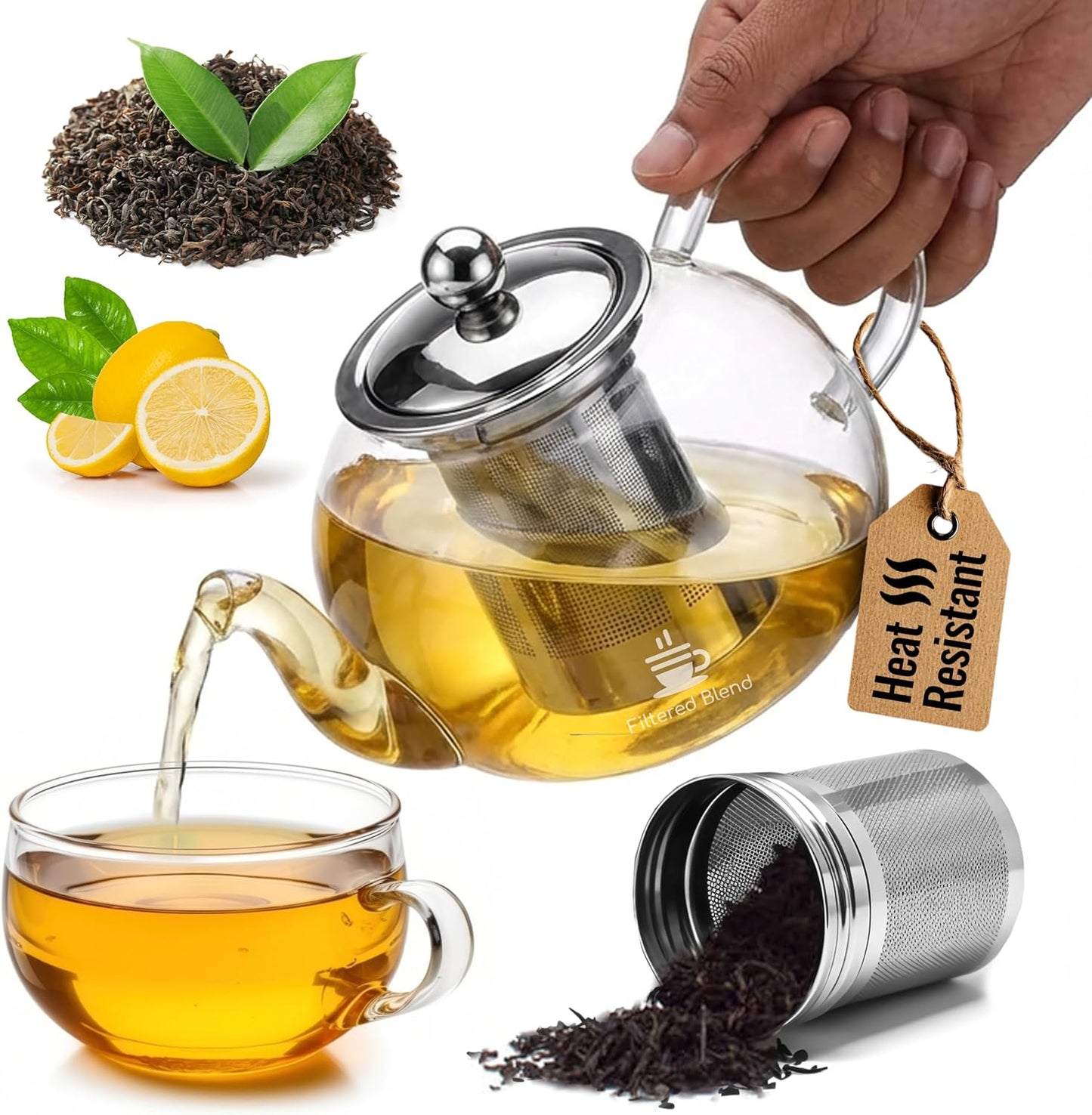 20 oz Clear Glass Teapot with Infuser, Borosilicate Stovetop Tea Pot | Borosilicate Glass, Stainless Steel Herbal Infuser, Heat Resistant, Kitchen Essentials, Loose Leaf Tea Maker with Handle