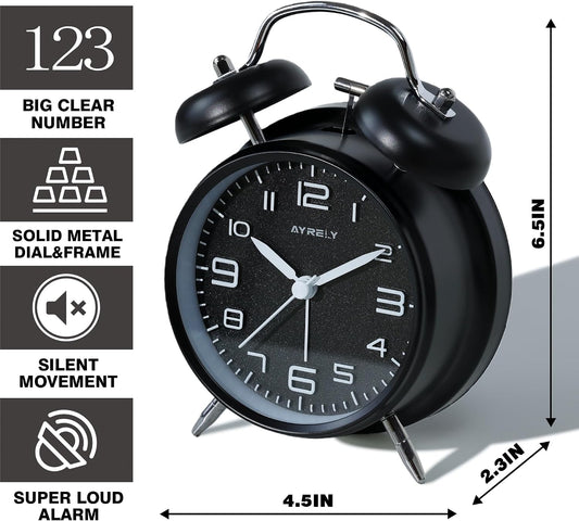 AYRELY® Super Loud Alarm Clock for Heavy Sleepers, 4.5 Inch Twin Bell Retro | Silent Non-Ticking Quartz with Backlight, Luminous Dial, Metal Alarm Clocks for Bedrooms and Bedside