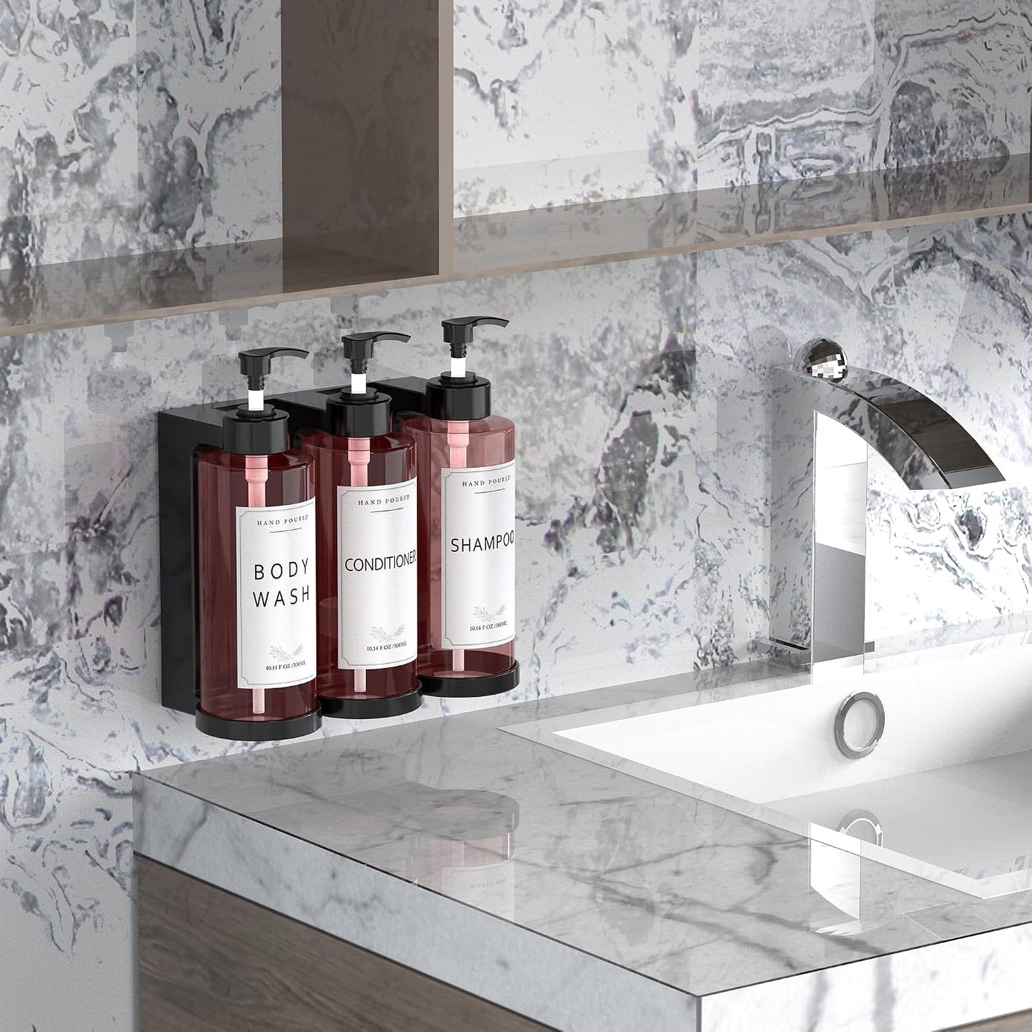 Plastic Shampoo Dispenser Body Wash Dispenser Wall Mount for Home | Shampoo and Conditioner Dispenser No-Drill 3 Chamber Wall Mounted Shower Soap Dispenser Refillable Pump Bottle for Bath Hotel