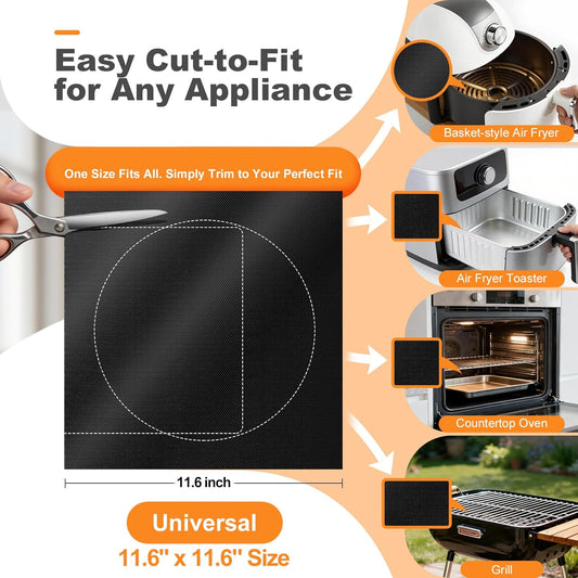 4 Pack Oven Liners for Bottom of Toaster Oven, Reusable Non-Stick | 11.6" x 11.6" Trim-to-Fit Air Fryer Toaster Oven Liner, Compatible with Ninja, Breville, Cosori, Cuisinart & Most Ovens