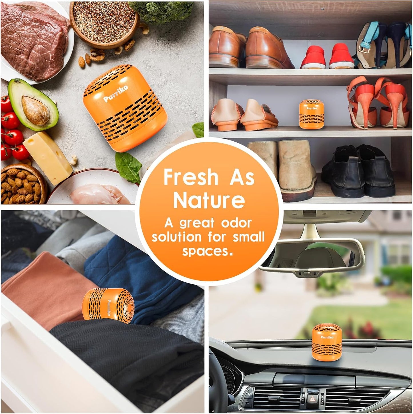 Purriko Refrigerator Deodorizer, Long-Lasting Fridge Odor Eliminator | Replaces Baking Soda and Activated Carbon, Reusable Fridge Deodorizer, Orange