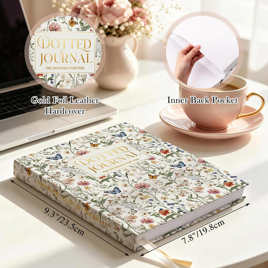 Everloria Premade Dotted Journal Notebook, 12 Months Pre-made Bullet Templates, 260 Hand-Drawn Coloring Pages, Undated Weekly & Monthly Planner, 7.8"x9.3" Leather Dot Grid Habit Mood Tracker