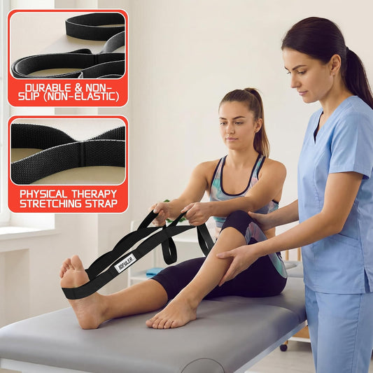 Stretching Strap for Physical Therapy and Home Rehab, 10 Loops | Non-Elastic Yoga Strap for Hamstring, Calf and Back Stretching, Mobility, Exercise, Pilates, Flexibility