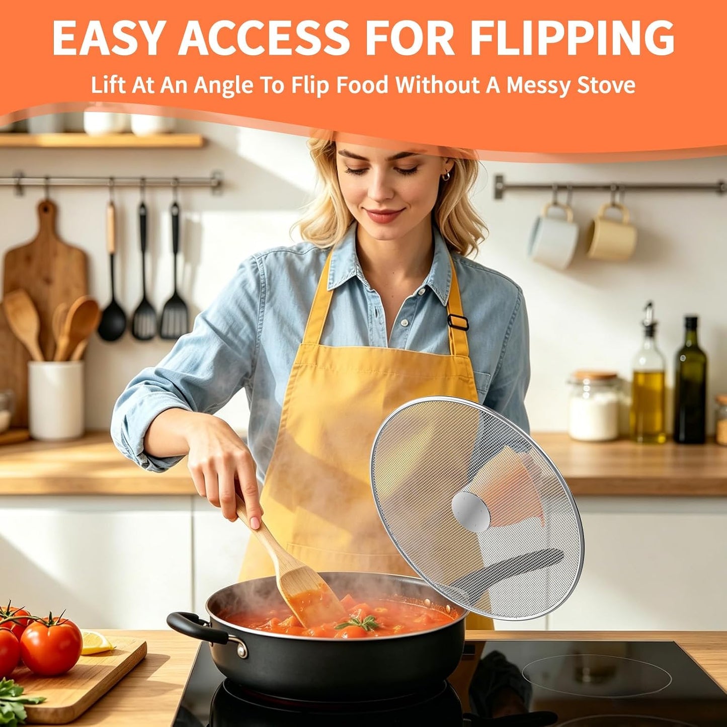 Splatter Screen for Frying Pan, 3-Pack 10" 11.5" 13" 304 Steel | Silicone oven mitts and foldable handle included. Dishwasher safe 304 stainless steel splash guard fits most pans.