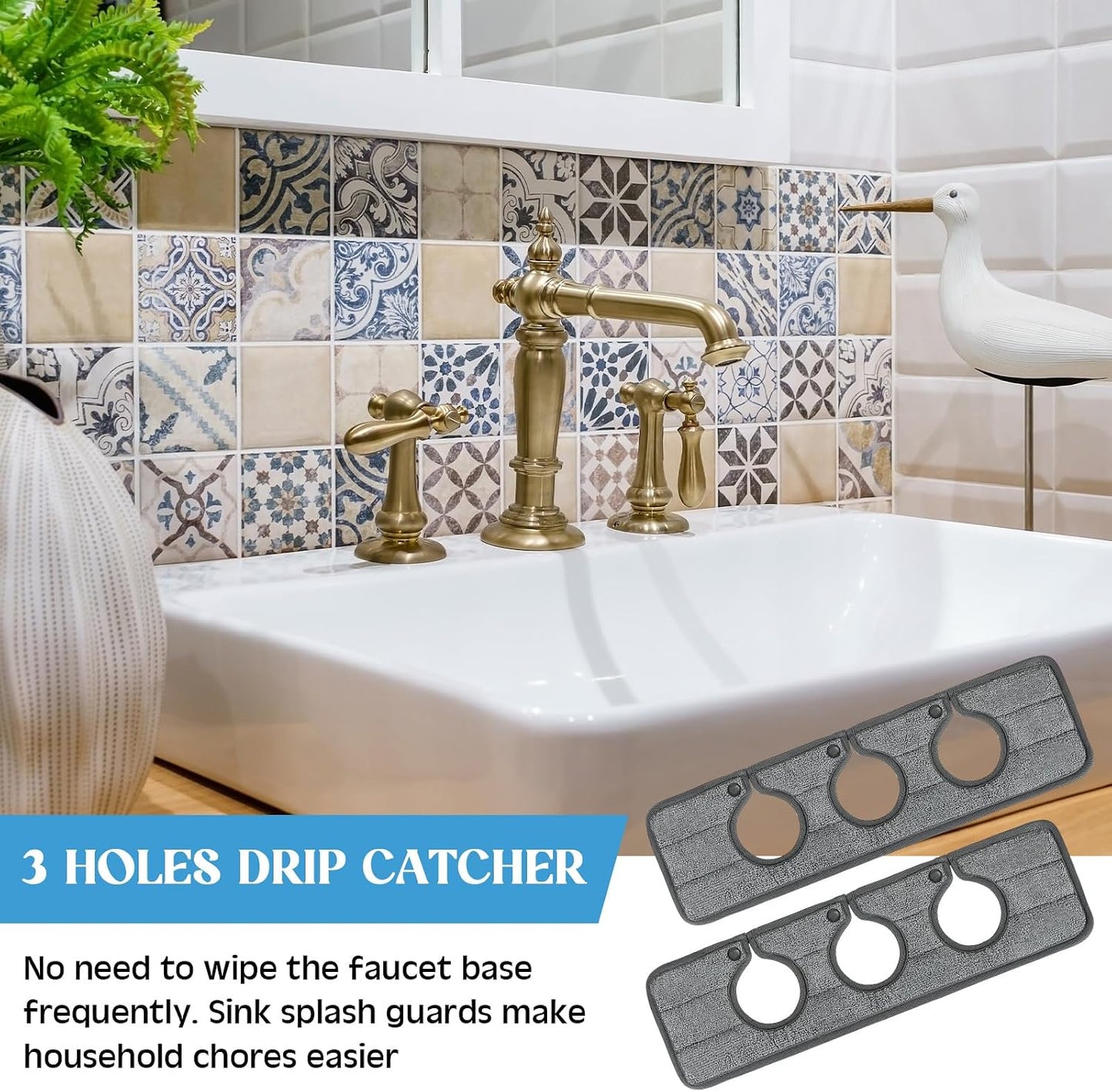 Teenyyou 2 Pcs Faucet Mat for Kitchen Sink Splash Guard for Kitchen Sink Faucet Dish Drying Mat for Bathroom Sponge Holder(Dark Gray,3 Round Holes)