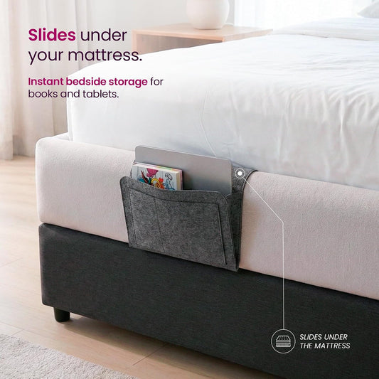 IWS Bedside Storage Caddy, Non-Slip Hanging Organizer with Easy Access Pocket for Phone, Tablet & Remote, Fits Queen & King Beds, Gray