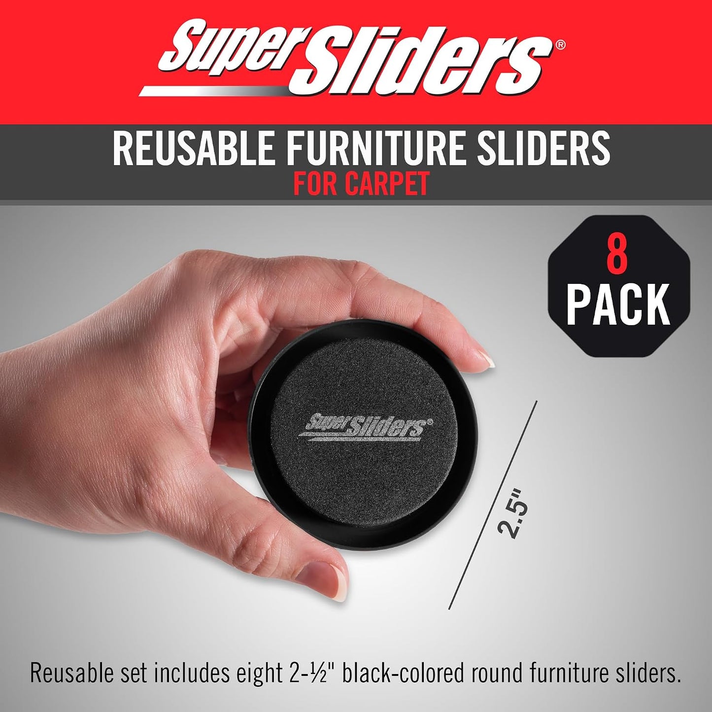 Super Sliders 2-1/2" Round Reusable Furniture Sliders for Carpet, Anti-Slip Protective Furniture Moving Pads for Beds, Sofas, Dressers, Set of 8, Black