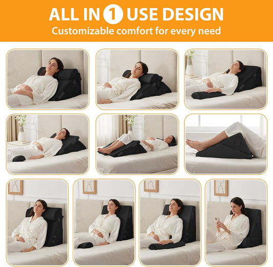 Ruqmuis Wedge Pillow Set for After Surgery, 3PCS Adjustable 9&12 Inch Bed Wedge Pillow for Sleeping, Incline Pillow Wedge for Headboard, Post Surgery, Acid Reflux, Neck&Back Support, White/Grey