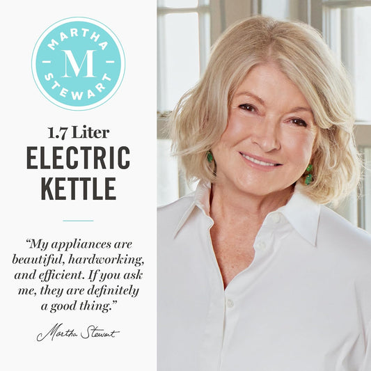 Martha Stewart 1.7L Glass Carafe Electric Kettle with Removable Tea Infuser | 7 Cups, 4 Presets, Rapid Boiling, Stainless Steel Tea Leaf Infuser, Cordless Swivel Base, Keep Warm, Auto Shut-Off, Linen