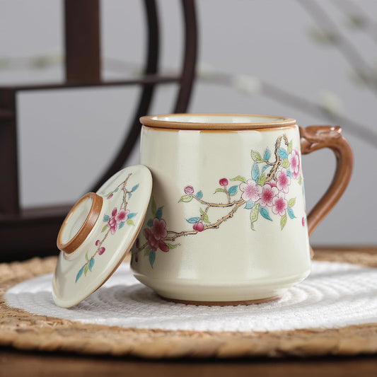 fanquare Retro Porcelain Tea Cup with Lid and Infuser, Chinese Ruyao Ceramic Coffee Mug, Vintage Print Teacup, Dishwasher Safe, Loose Leaf Tea Brewing Cup for Adults Home Office | Retro Porcelain Coffee Mug, Dishwasher Safe, Loose Leaf Tea Brewing Cup