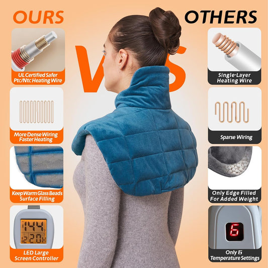 Ambershine 19''x24'' Weighted Neck & Shoulder Heating Pad, 2.5lbs with 12 Temperature Settings& 4 Auto-Off Timers, Pain Relief for Neck/Shoulder/Back(Light Blue)